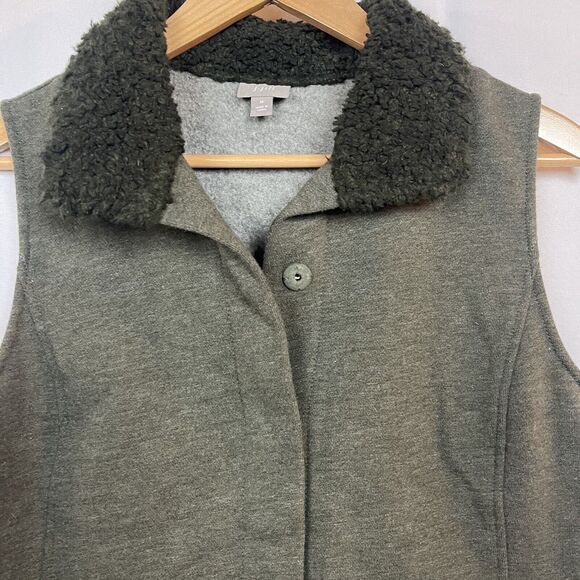 J Jill Vest Womens Medium Olive Green Faux Fur Collar Button Up Boho - Picture 4 of 12